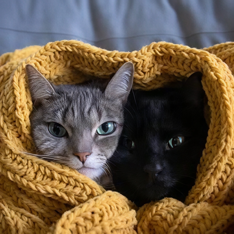 A cat covered with yellow blanket