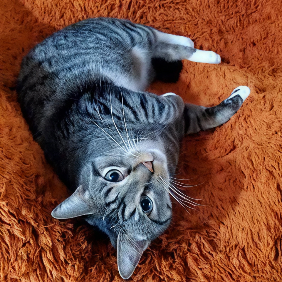 A grey cat lying on an orange rug